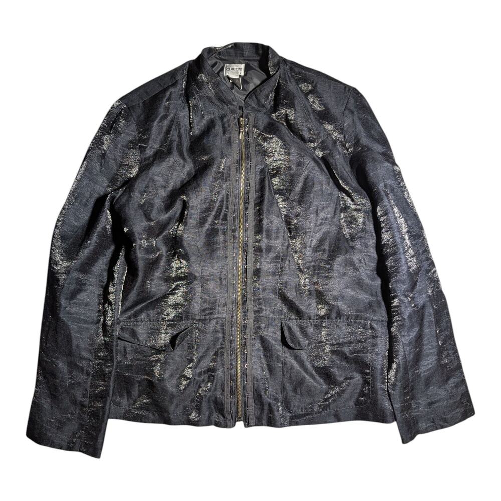 Vtg 1990s Chico's Black Iridescent Linen Blend Full Zip Hook Accent Jacket 3 L
